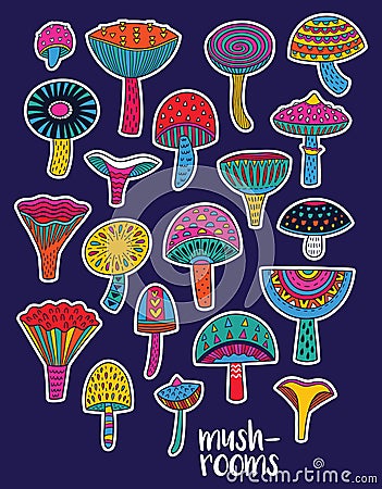 Mushrooms stickers set in hallucinogenic colors Vector Illustration