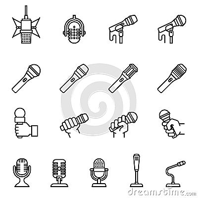 MusicMicrophone icons set. Sound record studio music speech recorder items vector picture of microphones. Vector Illustration