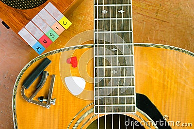 Music alphabet with acoustic guita Stock Photo