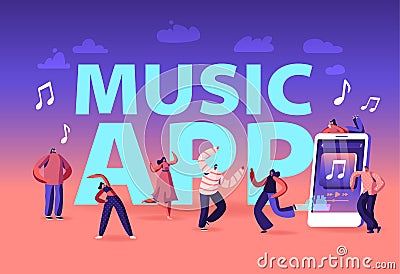 Music App Concept. Young People Wearing Headset Listening Sound Tracks on Mobile Phone. Girl Doing Fitness Exercises Vector Illustration