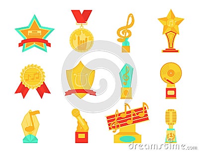 Music award statuette microphone and notes entertainment winner top artist achievement musicnote prize illustration Cartoon Illustration