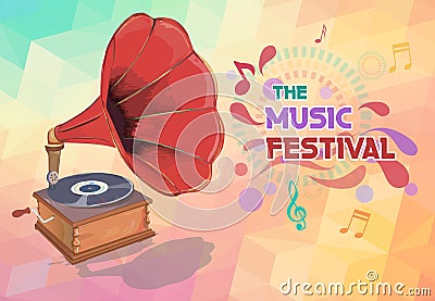 Music background with gramophone and notes Vector Illustration