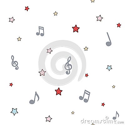 Music background with notes and stars, colored seamless pattern Vector Illustration