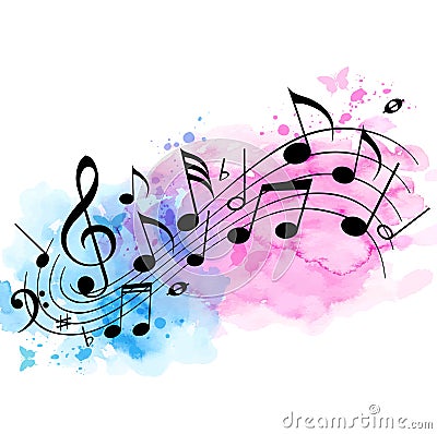 Music background with notes and watercolor texture Vector Illustration