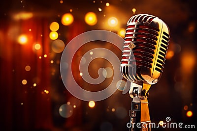 Music background with spot lighting, featuring a retro microphone on stage Stock Photo