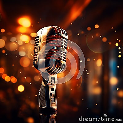 Music background with spot lighting, featuring a retro microphone on stage Stock Photo