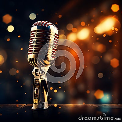 Music background with spot lighting, featuring a retro microphone on stage Stock Photo