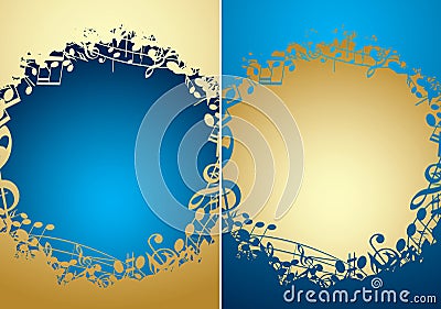 Music backgrounds with musical notes and gradient - vector golden and blue frames Vector Illustration