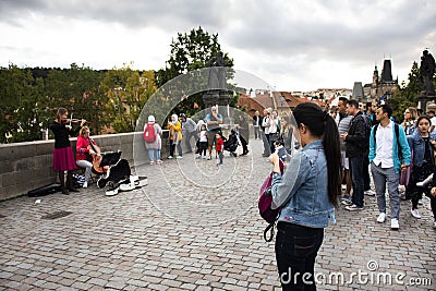 Music band of Czech women musician people playing music instrument violin and Violoncello or Cello for show people and travelers Editorial Stock Photo