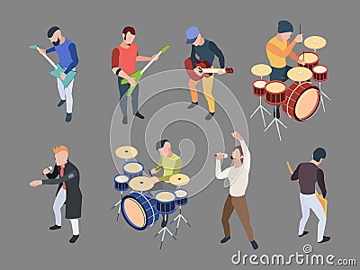 Music band. Isometric characters musicians singers with microphone rock band music instruments vector people Vector Illustration