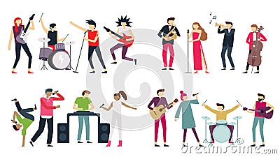 Music band. Jazz blues, punk rock and indie pop bands. Metal guitarist, drummer and rap singer isolated musicians vector Vector Illustration