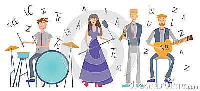 Music band playing the song. Drummer, singer, guitarist and flutist. Vector illustration, isolated on white background. Vector Illustration