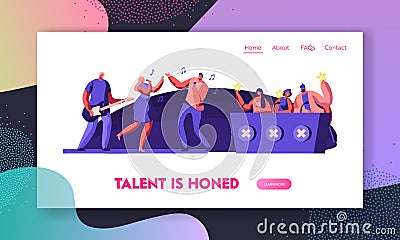 Music Band Presenting Performance on Stage in Front of Judges for Audition on Talent Show. Referee Voting with Golden Stars Vector Illustration