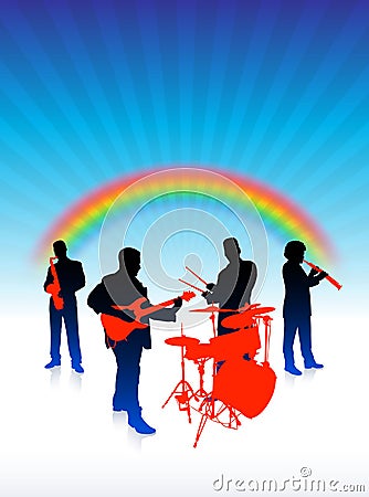 Music band on rainbow internet background Cartoon Illustration