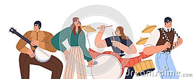 Music band with woman singer vocalist and men musicians performance. Star group portrait playing instruments, drum Vector Illustration