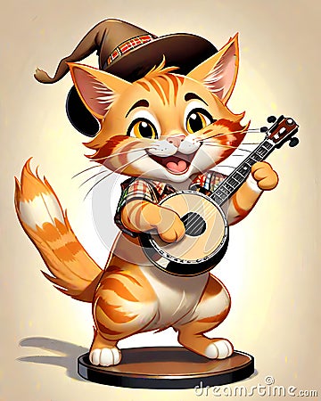 Music banjo stage entertainer kitty cat hat Cartoon Illustration