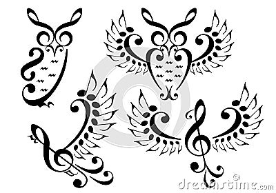 Music bird and owl, vector set Vector Illustration