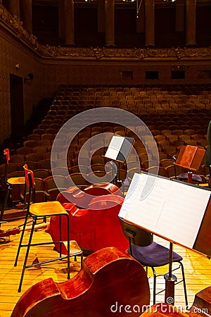 Music books and sheets with musical notation on the stands. Equipment of the Orchestra in philharmonia, Prague, 15.11.2019 Editorial Stock Photo