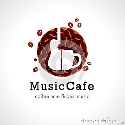 Music cafe logo, cup off coffee and guitar Vector Illustration