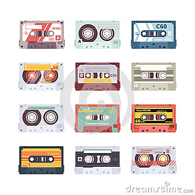 Music cassettes. Electronics audio player mixtape 80s technologies stereo record radio vector flat pictures Vector Illustration