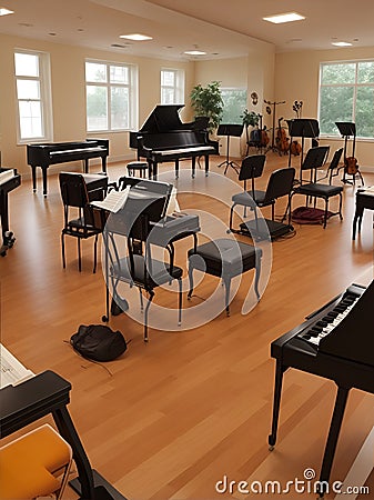 Music Class Melodies. A music room with musical instruments Stock Photo