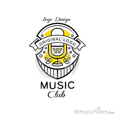 Music club logo design, heraldic shield with retro microphone, retro badge for music studio, shop, karaoke vector Vector Illustration