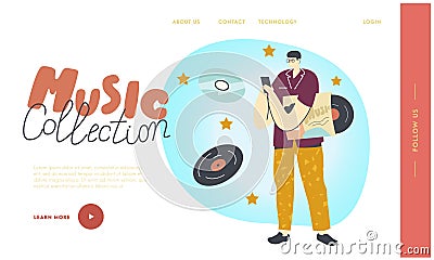 Music Collection Landing Page Template. Young Man Listen Playlist on Mobile Phone Application. Male Character Relaxing Vector Illustration