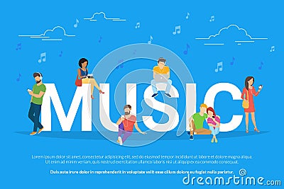 Music concept vector illustration of young men and women listening to music and relaxing Vector Illustration