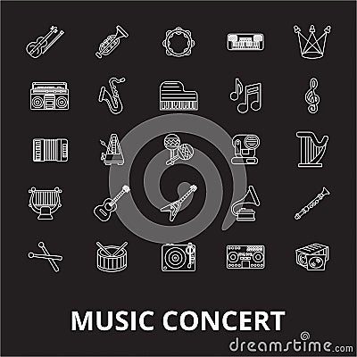 Music concert editable line icons vector set on black background. Music concert white outline illustrations, signs Vector Illustration