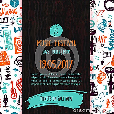 Music concert vector poster template. Can be used for printable promotion with lettering and doodle items. Vector Illustration