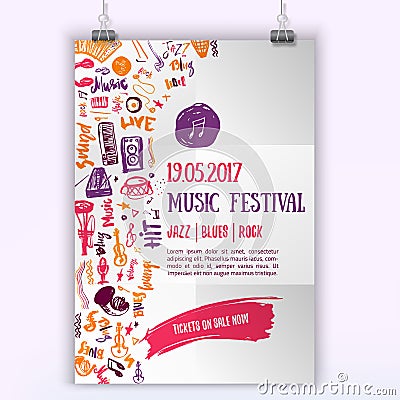 Music concert vector poster template. Can be used for printable promotion with lettering and doodle items. Vector Illustration