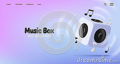 Music 3d boom box column, render style cube with sound amplifyer and notes, web banner Vector Illustration