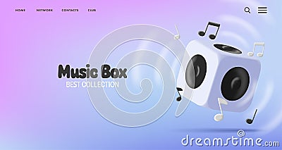 Music 3d boom box column, render style cube with sound amplifyer and notes, web banner Vector Illustration