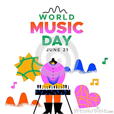 Music day banner trendy musical girl playing piano Vector Illustration