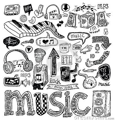 Music doodle collection, hand drawn illustration. Vector Illustration