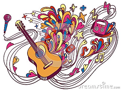 Music doodle guitar color illustration with music decoration and elements on white background. Drawing design concept. Vector Illustration