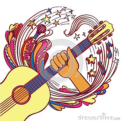 Music doodle guitar color illustration with music decoration and elements on white background. Drawing design concept. Vector Illustration