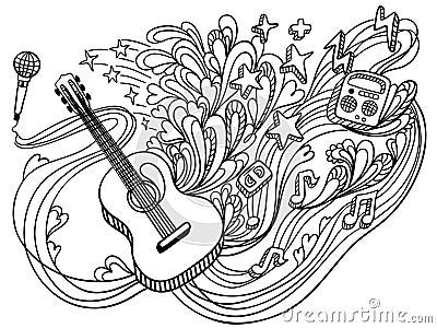 Music doodle guitar illustration with music decoration and elements on white background. Drawing design concept. Vector Illustration
