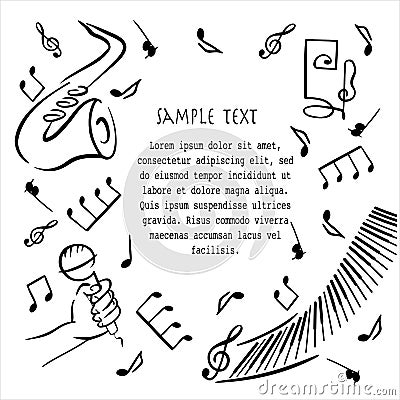 Music doodle poster vector template. Jazz music hand drawn frame, border with copy space Vector Illustration