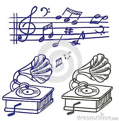 Music doodle. Set of music note and gramoph Vector Illustration