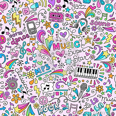 Music Doodles Groovy Seamless Pattern Background Vector Illustration