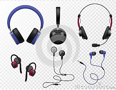 Music earphones. Various types realistic earbuds, wireless headset and portable in ear headphones, sound gadget Vector Illustration