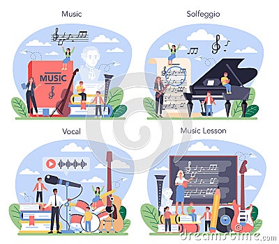 Music education course set. Young performer playing music Vector Illustration