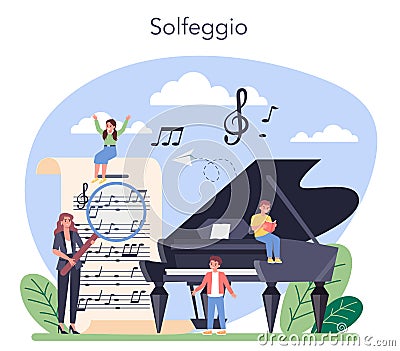 Music education course. Young performer playing music Vector Illustration