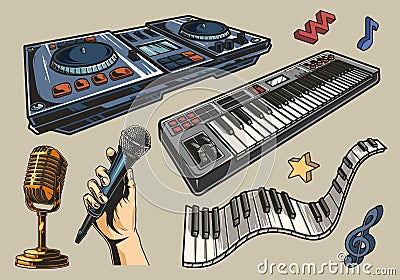 Music equipment set stickers colorful Vector Illustration