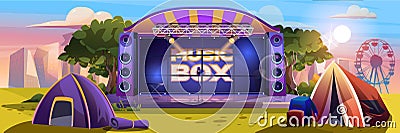 Music festival background banner in flat cartoon design. Open air performance summer poster, show stage with speakers, tents for Vector Illustration
