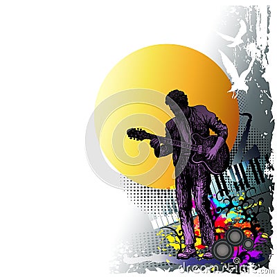 Music festival background for party, concert, jazz, rock festival design with musician, guitarist and flying birds Vector Illustration