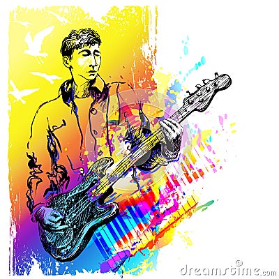 Music festival background for party, concert, jazz, rock festival design with musician, guitarist and flying birds Vector Illustration