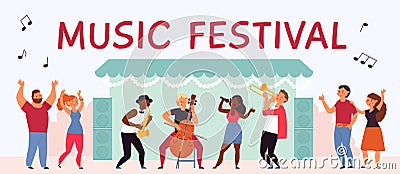 Music festival banner. Summer young people, vocal outdoor party. Modern happy musicians, flat park open air fest or Vector Illustration