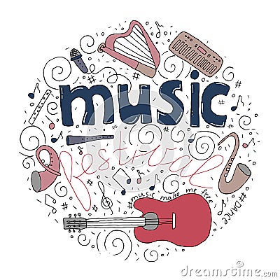 Music festival concept in circle in hand drawn doodle style. Vector Illustration